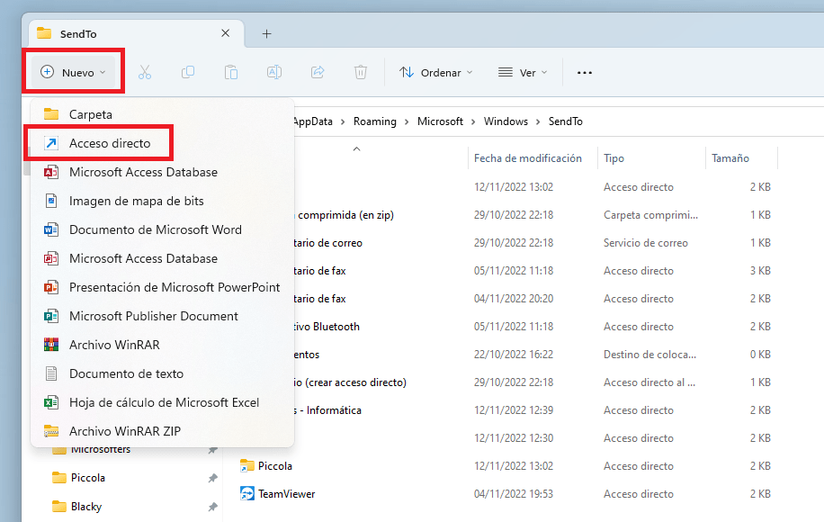 Captura del Menú Nuevo > Acceso directo en el Explorador de archivos de Windows 11