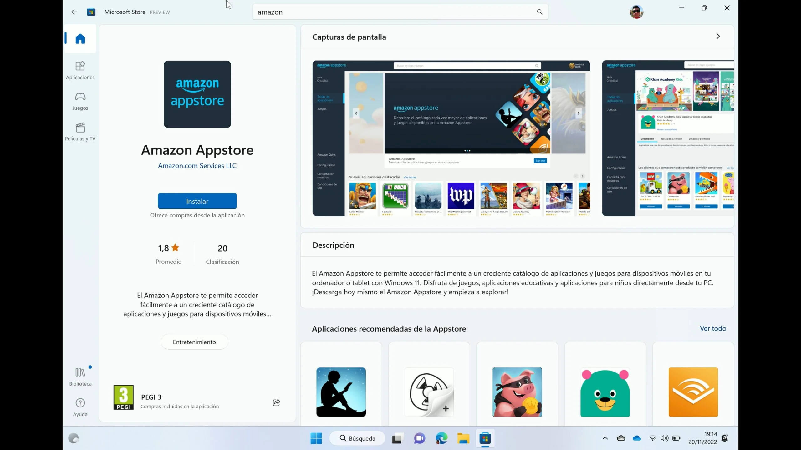 Captura de la página de la Amazon Appstore en la Microsoft Store