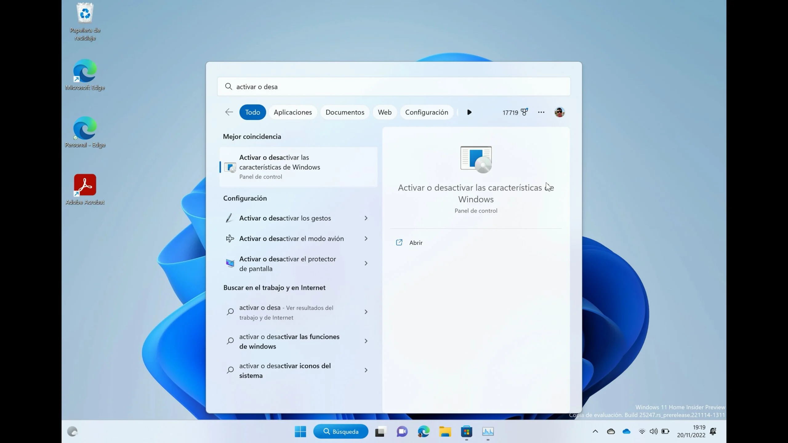 Captura de la búsqueda de Windows 11 con el texto "Activar o desactivar las características de Windows"