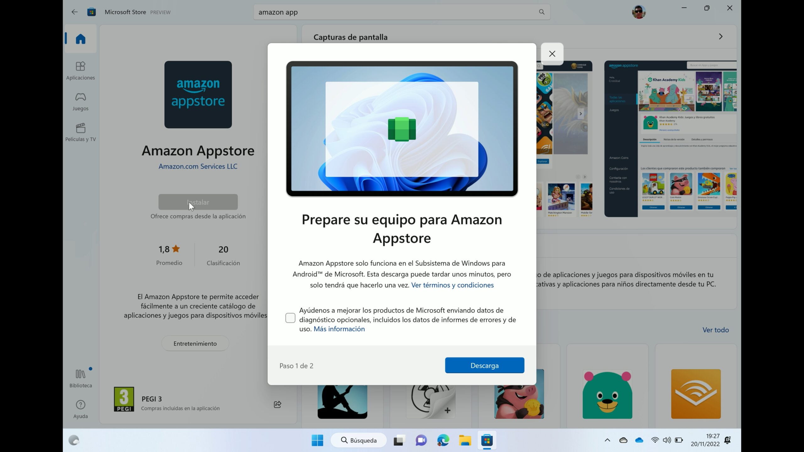 Captura del mensaje "Prepare su equipo para Amazon Appstore" donde se avisa de la instalación del Subsistema de Windows para Android