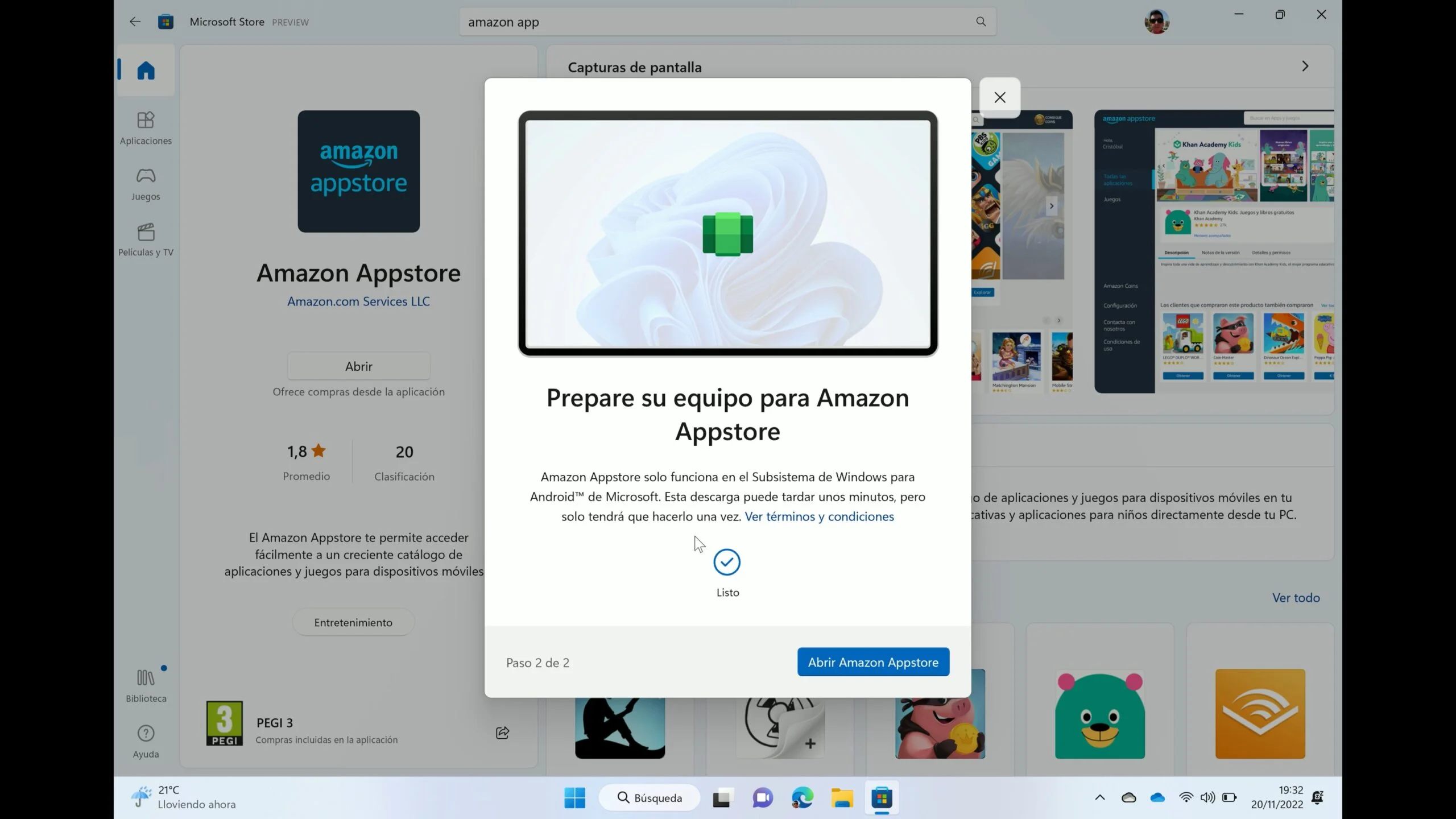 Captura del fin de instalación de la Amazon Appstore