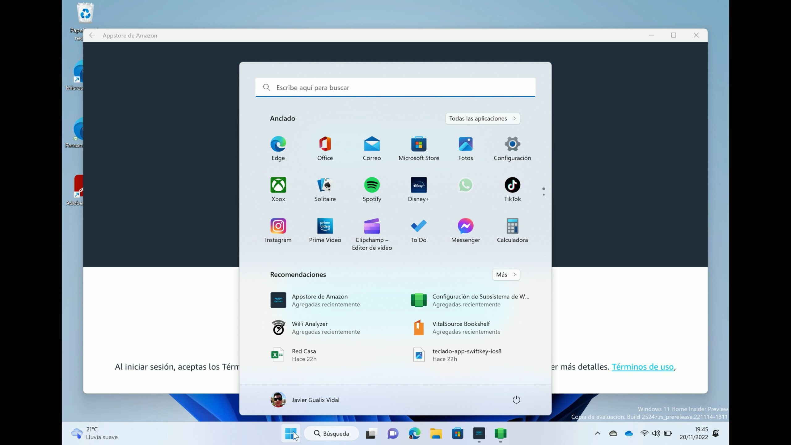 Captura del Menú Inicio de Windows 11 donde aparece la app "Configuración del Subsistema Windows para Android" en el apartado Recomendaciones