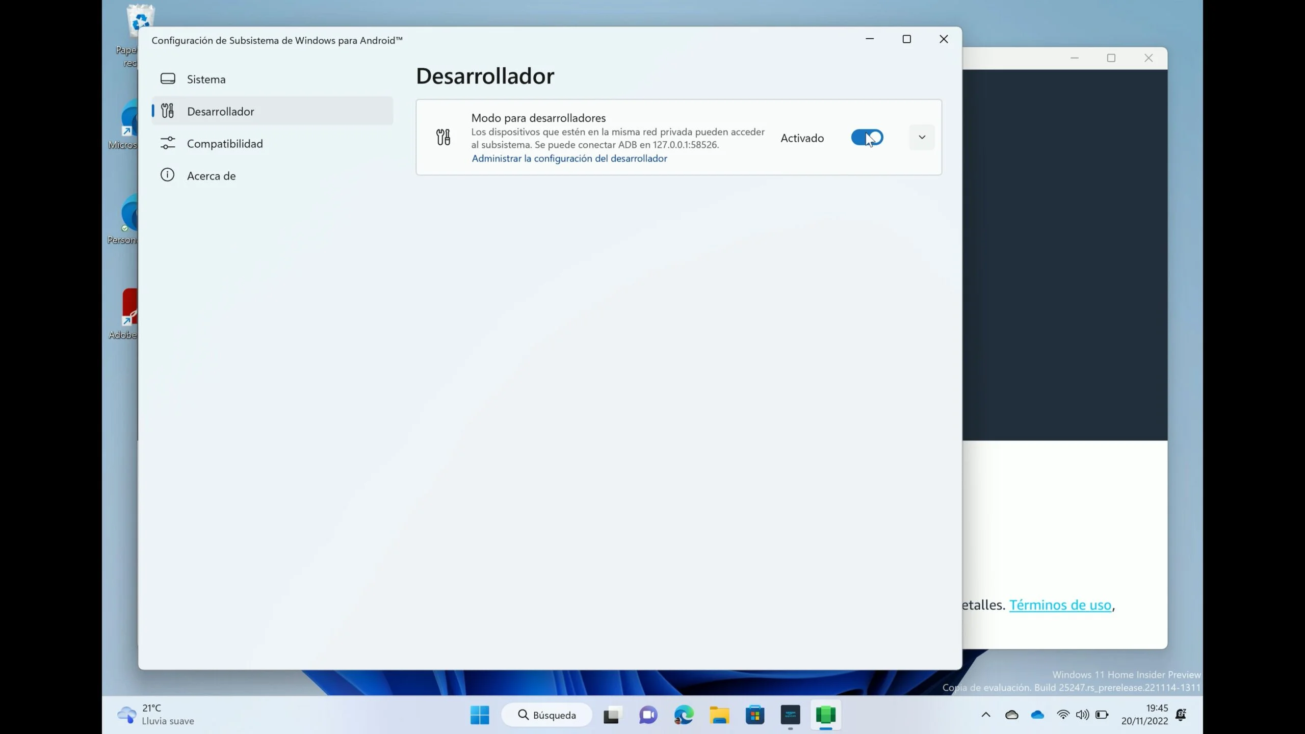 Captura de la app Configuración del Subsistema de Windows para Android en el apartado Desarrollador con la opción "Modo de desarrollador" habilitada