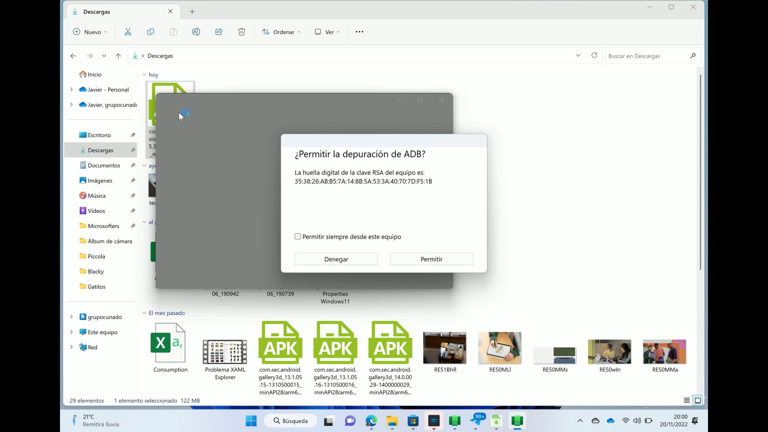 Captura de la autorización de ADB antes de instalar una aplicación Android en Windows 11 por primera vez