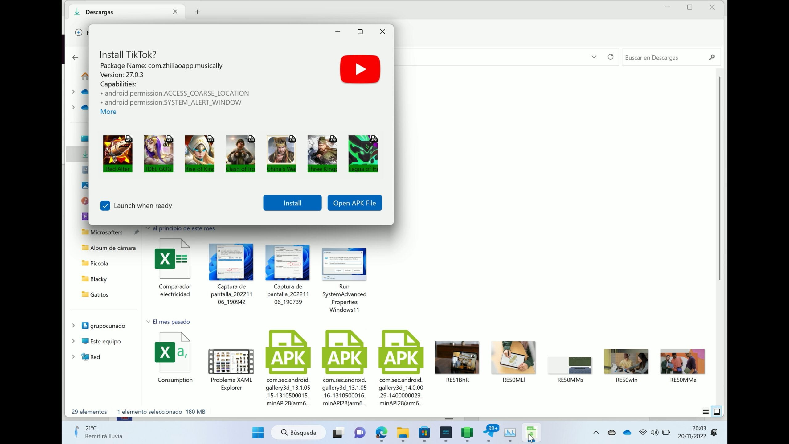 Captura del instalador de aplicaciones Android sobre Windows 11