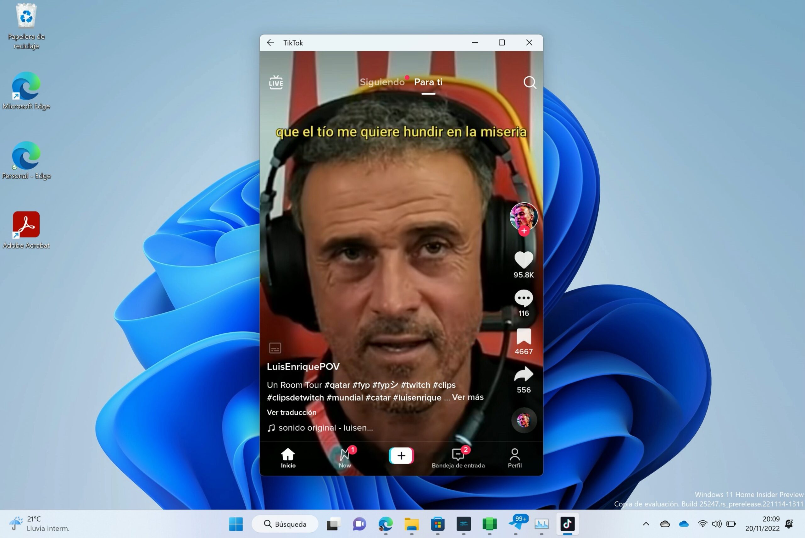 Captura de la aplicación TikTok de Android ejecutándose sobre Windows 11