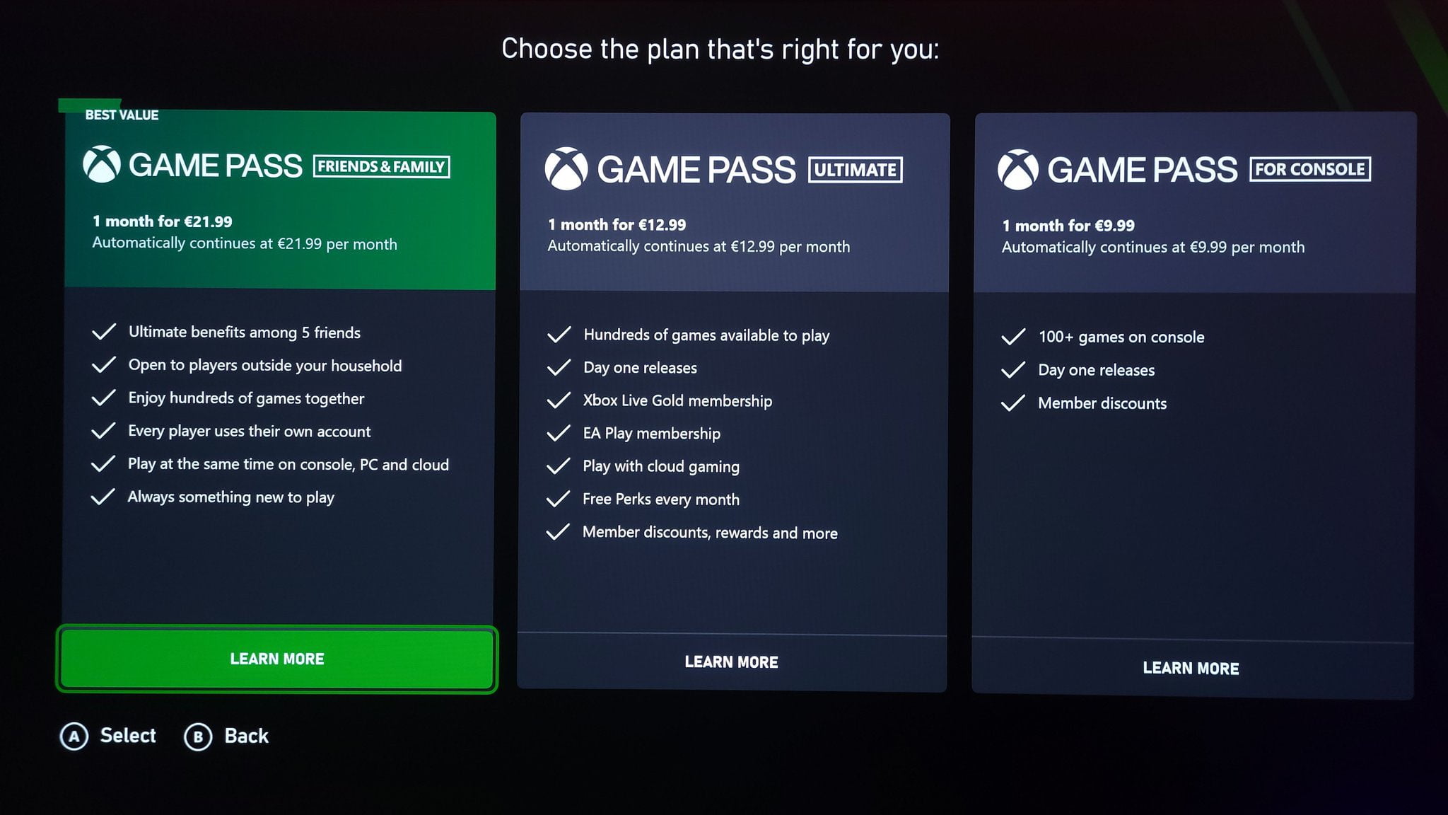 Captura en Xbox de los planes de Game Pass, donde aparece el plan Friends and Family por un precio de 21,99 euros al mes