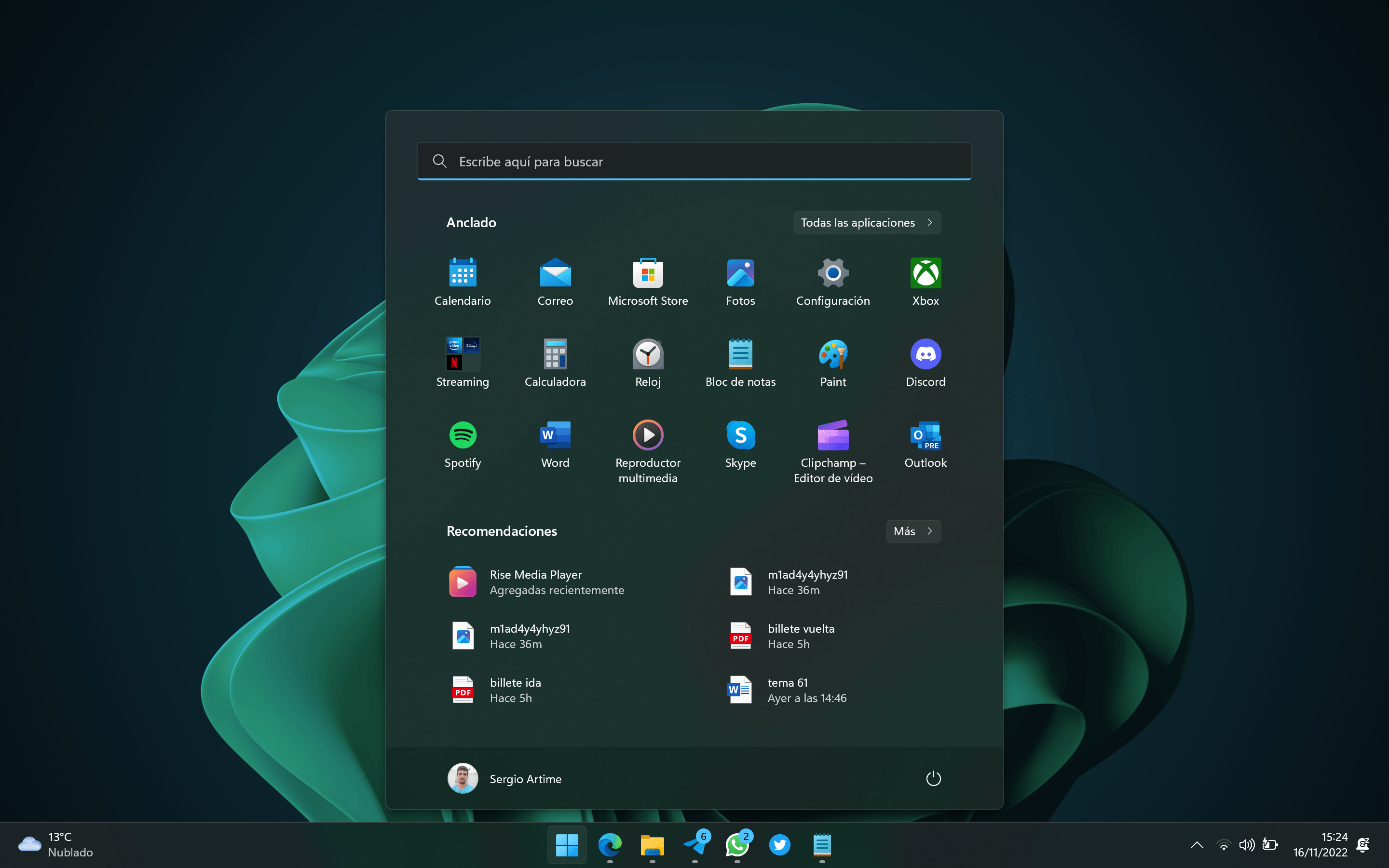 Menú Inicio de Windows 11