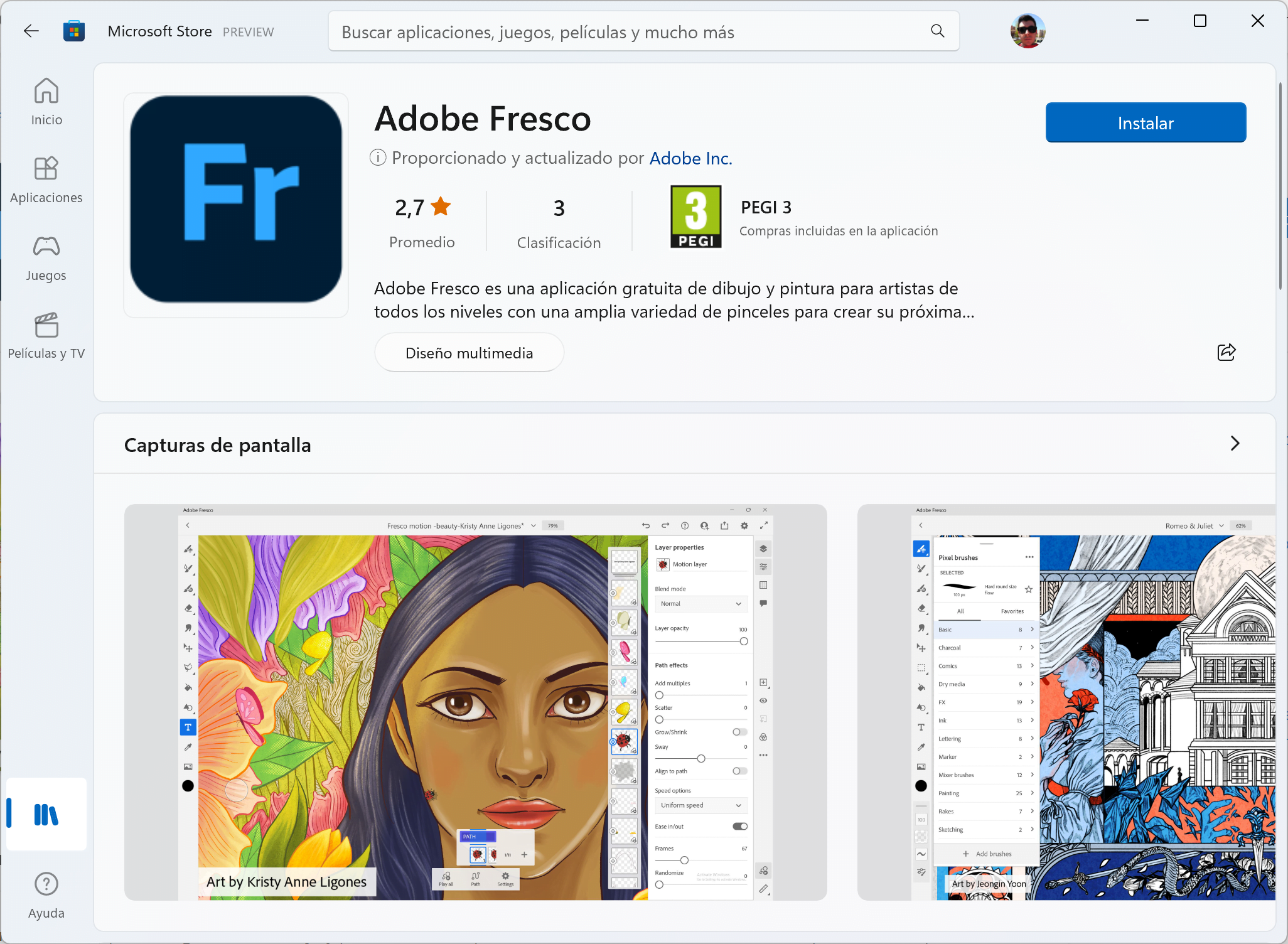 Screenshot of Adobe Fresco in the Microsoft Store