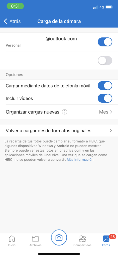 La subida de fotos en OneDrive