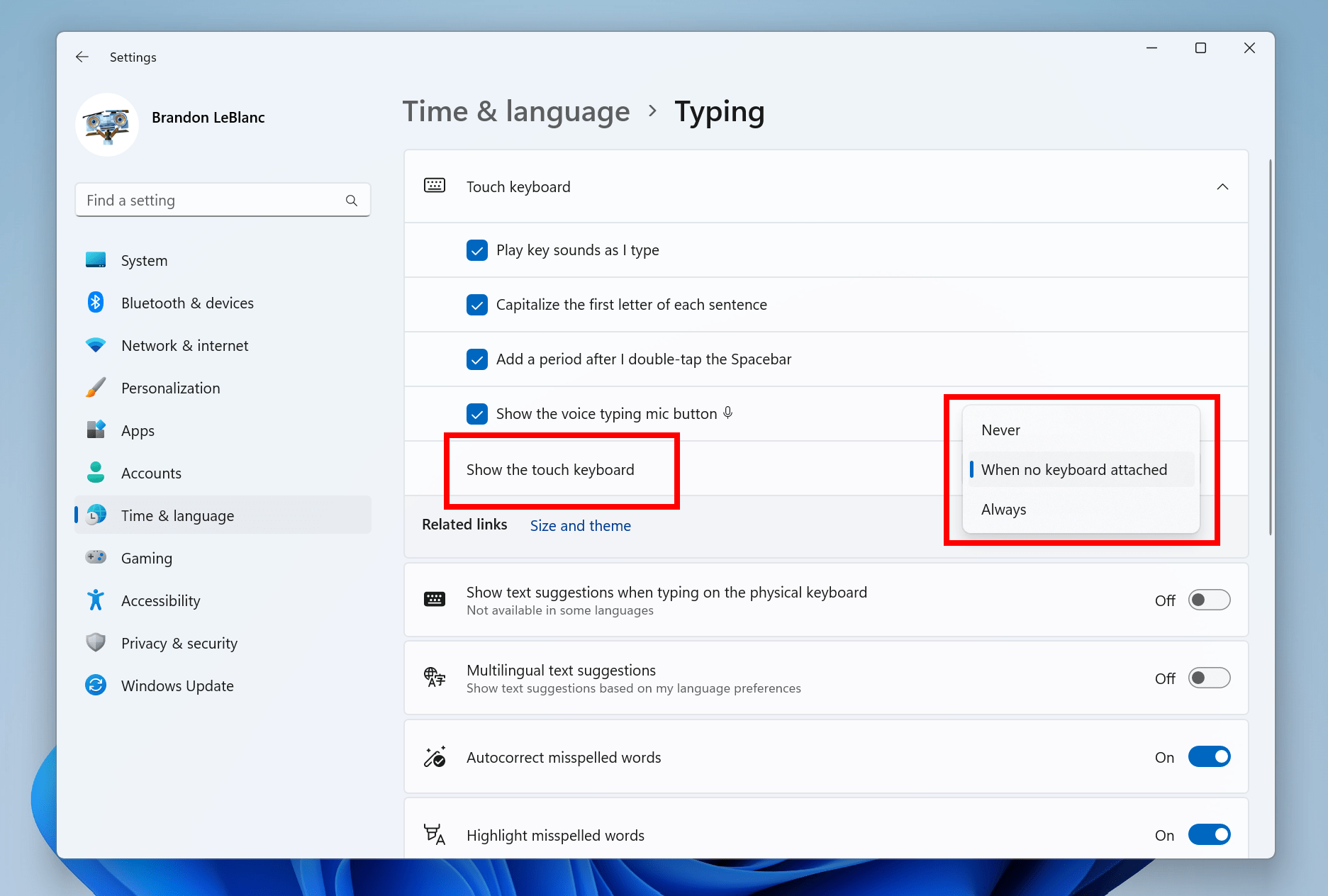 Screenshot of the Settings app in the Touch Keyboard settings in Windows 11 Build 23403