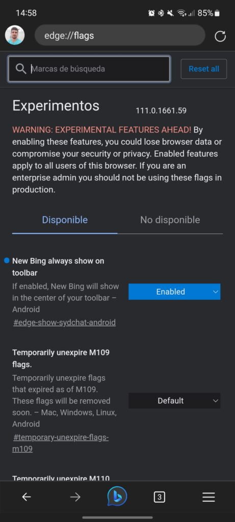 Activar Bing en la barra de herramientas de Edge en Android