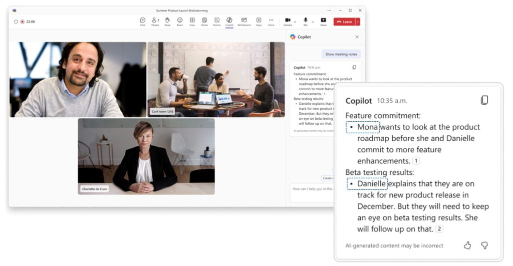 Una imagen de Copilot transcribiendo el contenido en base a los oradores