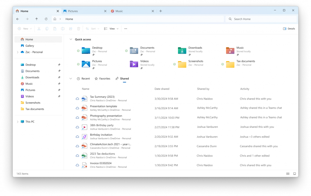 Ventana del Explorador de archivos con nuevas pestañas para Recientes, Favoritos y Compartidos