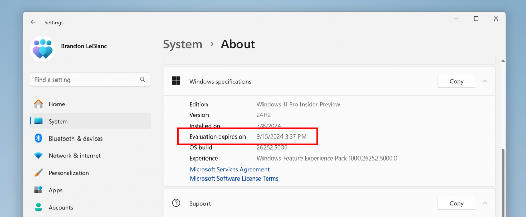 La app de Configuraci´pn mostrando la fecha de expiración de la versión de Windows 11