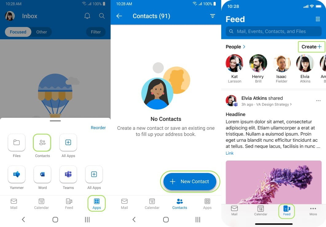 Imágenes de la gestión de contactos desde Outlook