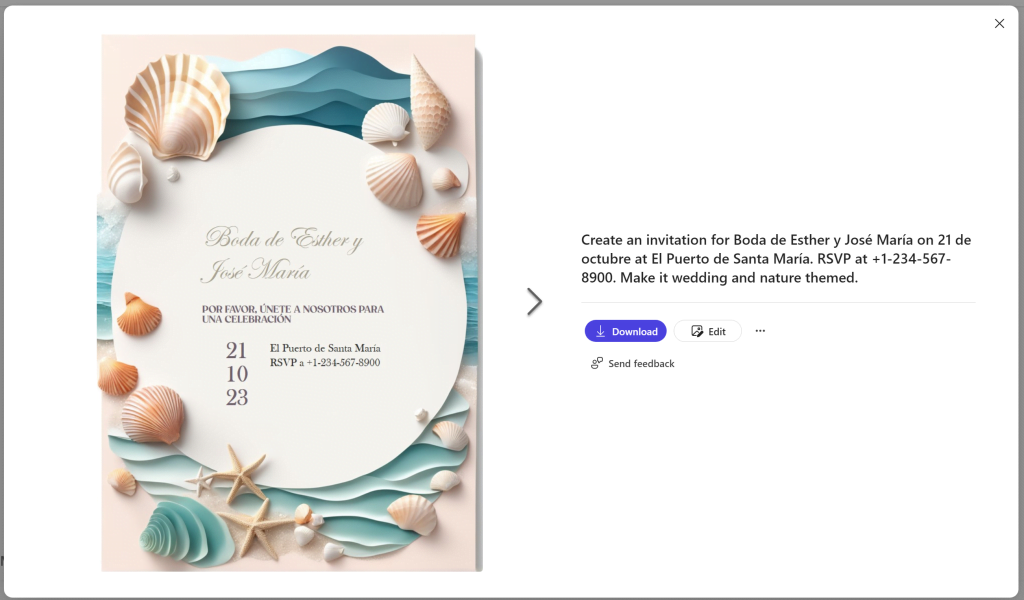 Ejemplo de una tarjeta de invitación de boda creada mediante la IA de Microsoft Designer