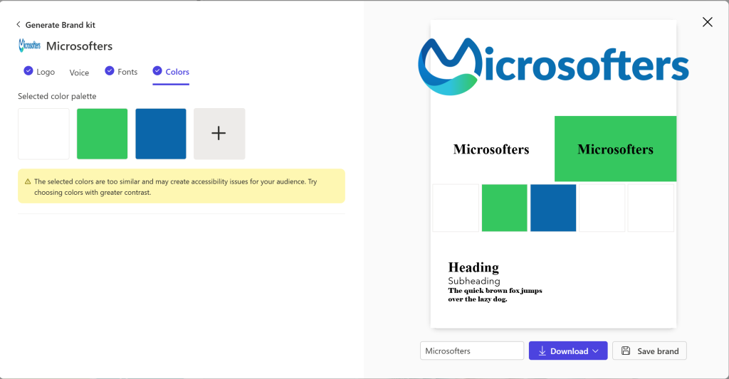 Un ejemplo del kit de marca de Microsofters en Designer