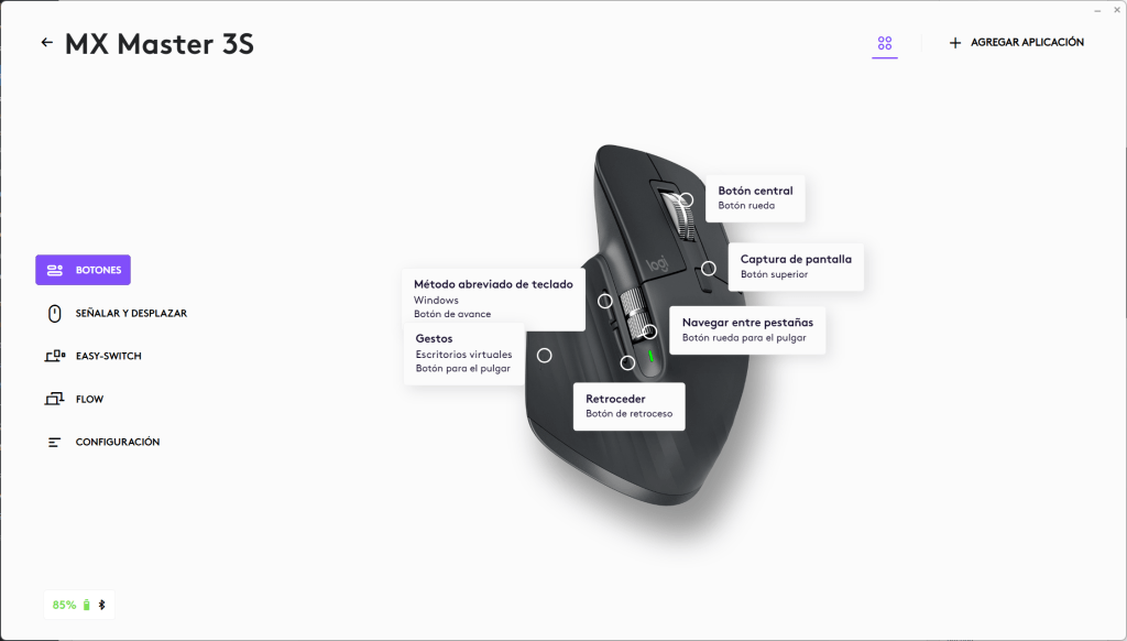 El software de Logi Options con las opciones de los botones