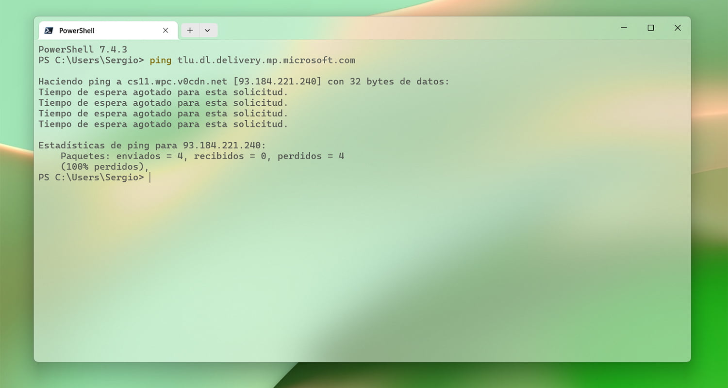 Imagen con Windows Terminal abierto haciendo un ping a los servidores de Microsoft, mostrando como Movistar ha bloqueado los servidores de actualizaciones de Microsoft.