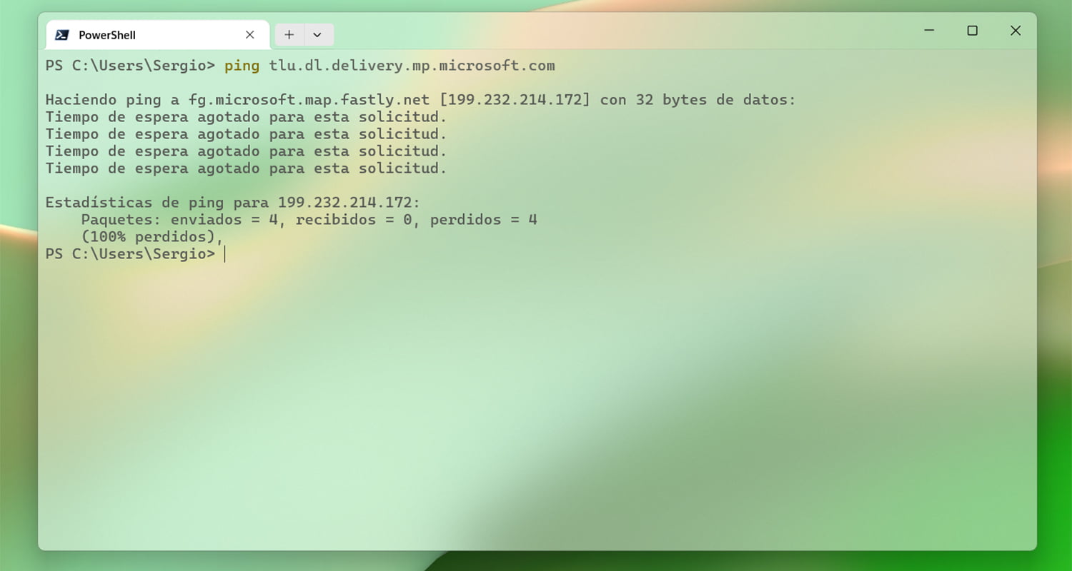 Imagen con Windows Terminal abierto haciendo un ping a los servidores de Microsoft, mostrando como Movistar ha bloqueado los servidores de actualizaciones de Microsoft.