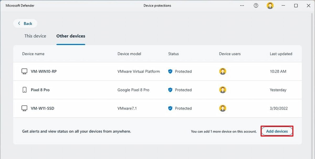 Imagen de la interfaz de Microsoft Defender para añadir dispositivos