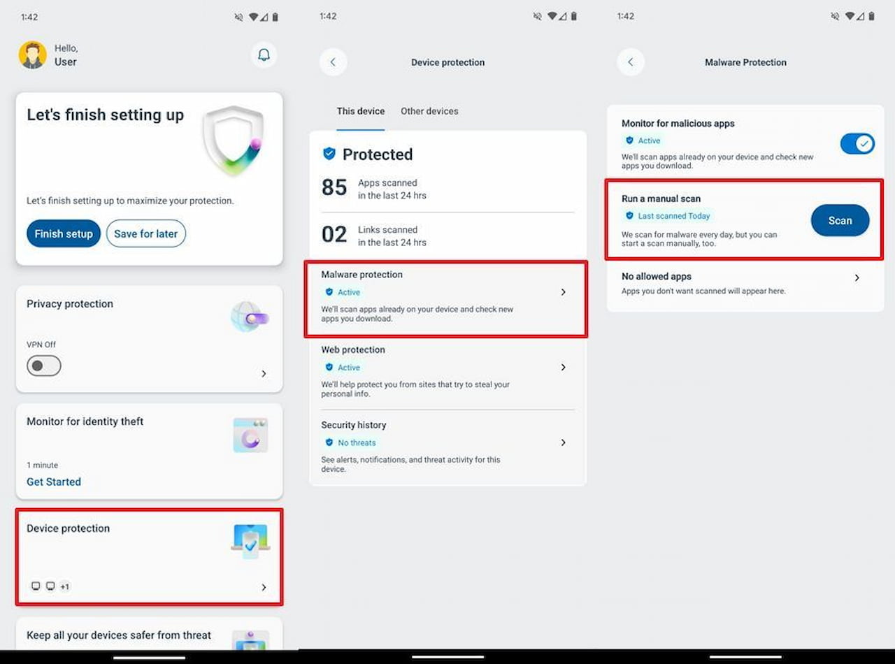 Imagen del procedimiento para realizar un análisis en busca de malware desde Android