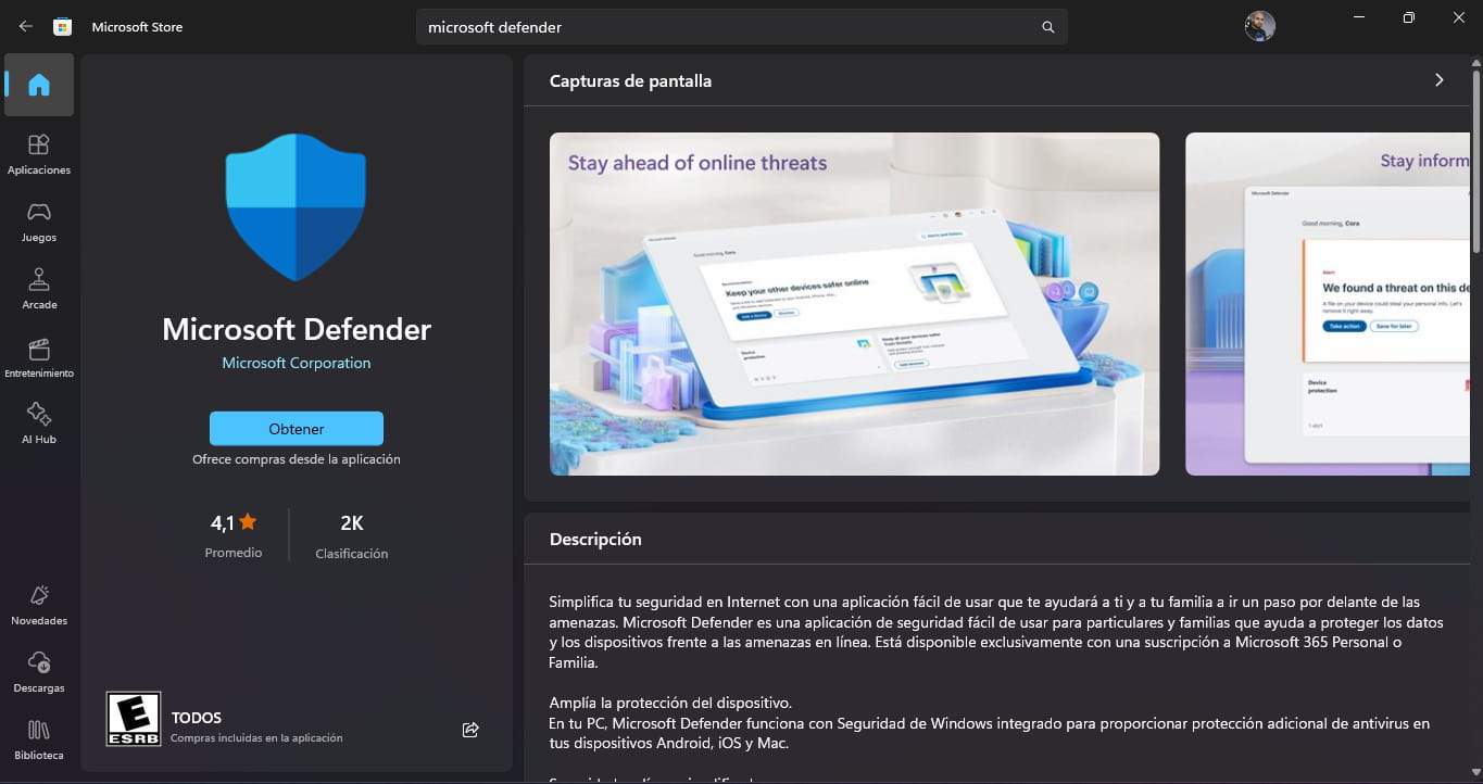 Imagen de la ficha descriptiva de Microsoft Defender en la Microsoft Store