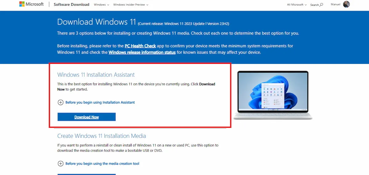 Captura de pantalla de la web de Microsoft para descargar el asistente de instalación de Windows 11