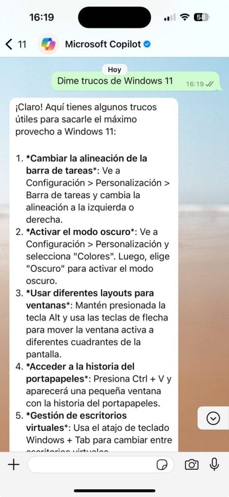 Una captura de Copilot dentro de WhatsApp
