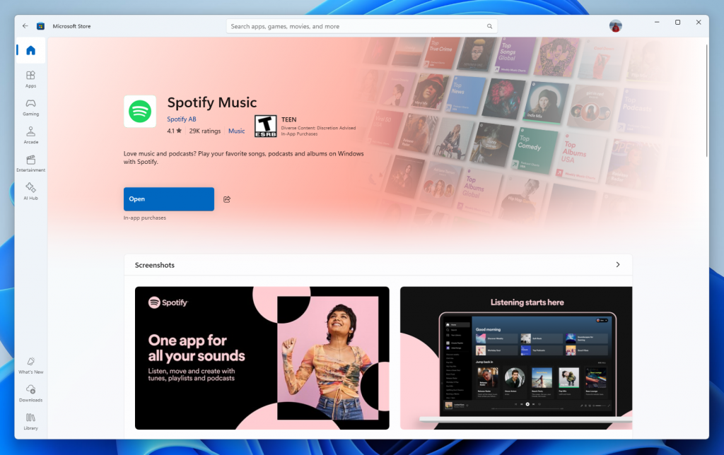 El nuevo aspecto de Spotify en la Microsoft Store en el tema claro