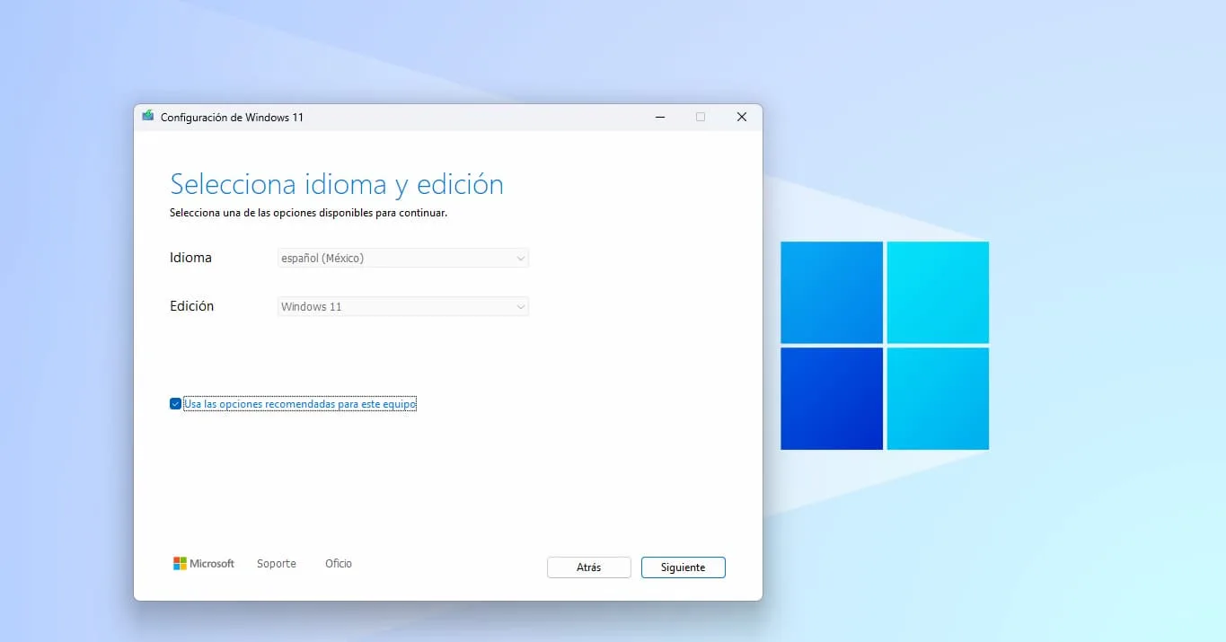 Captura de pantalla donde se muestra la configuración del asistente de instalación de Windows 11