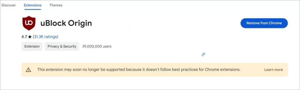 Una captura que muestra el estado de uBlock Origin