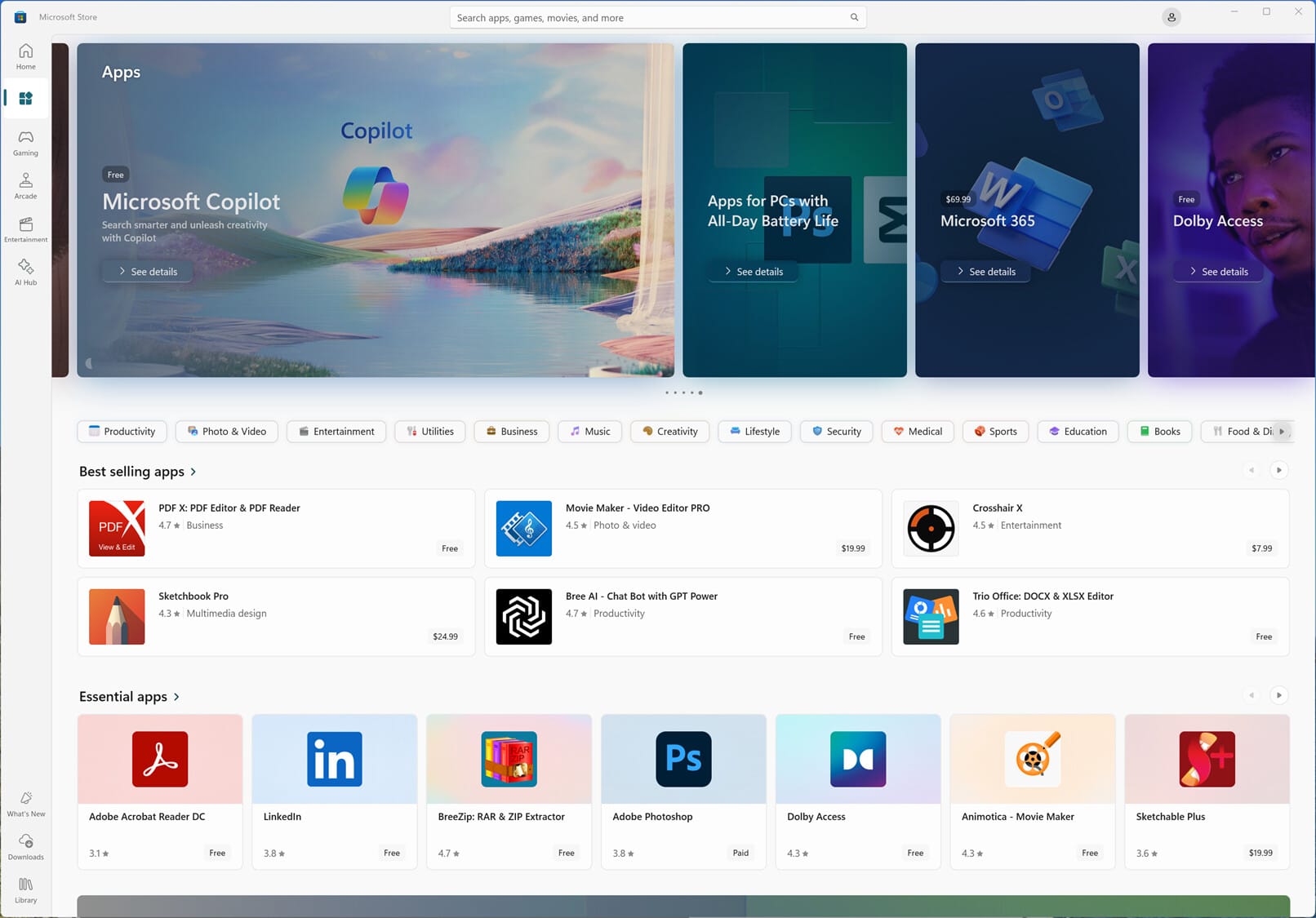 Una captura de imagen de la Microsoft Store con las nuevas categorías