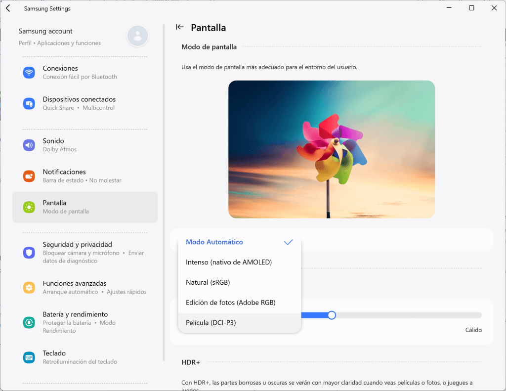 La app de configuración de Samsung para la pantalla