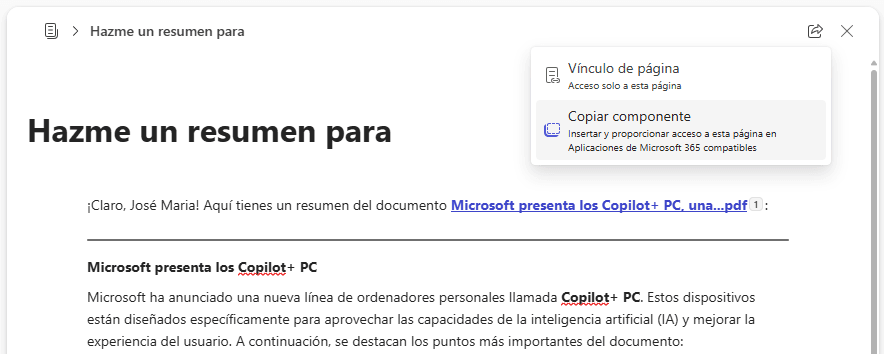 Se muestra la parte superior de Pages y como podemos compartir el contenido en Loop