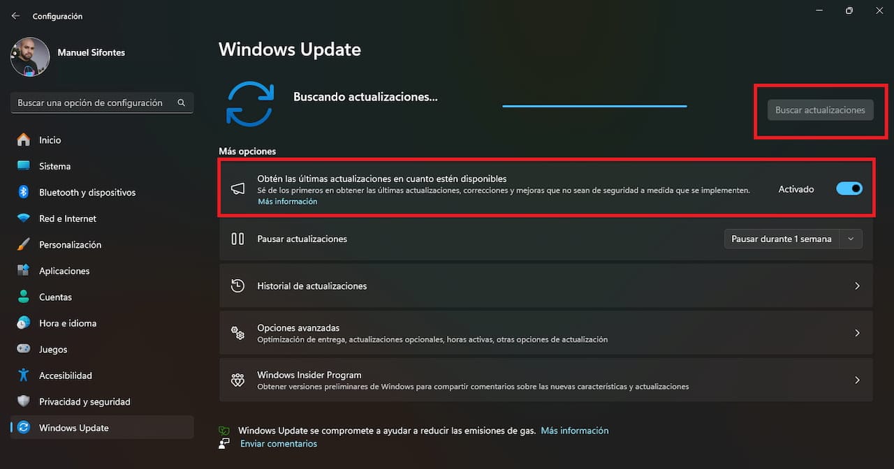 Captura de pantalla del apartado Windows Update en la configuración de Windows 11