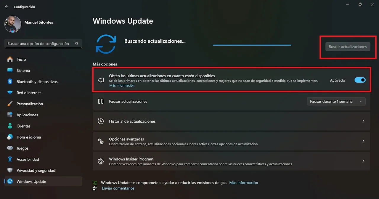 Captura de pantalla del apartado Windows Update en la configuración de Windows 11