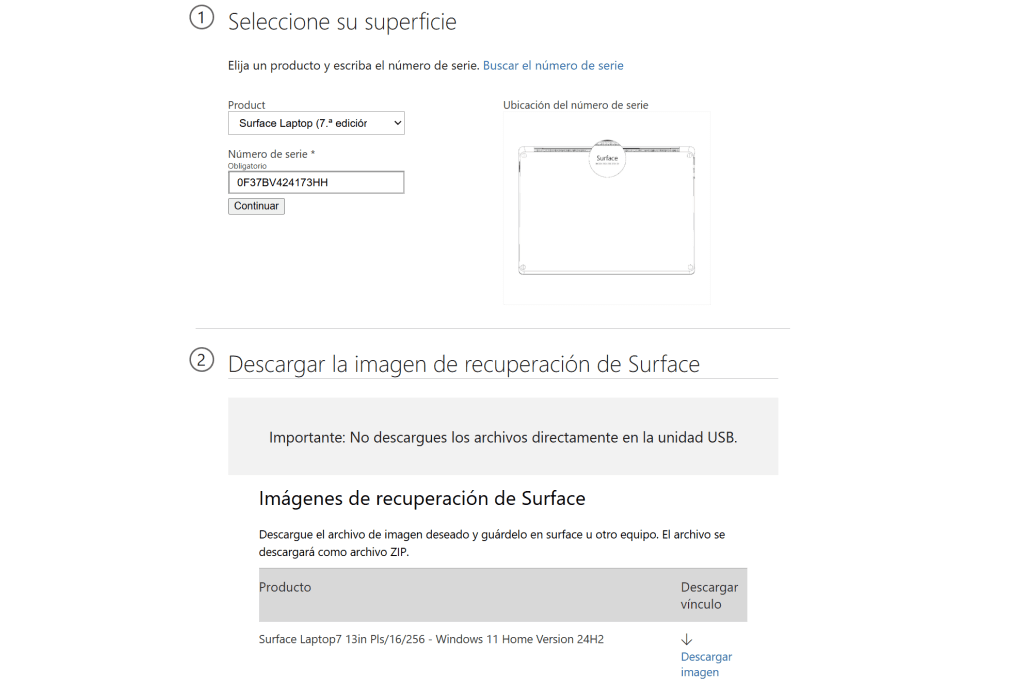 Imagen del navegador de la recuperación de Surface Laptop 7