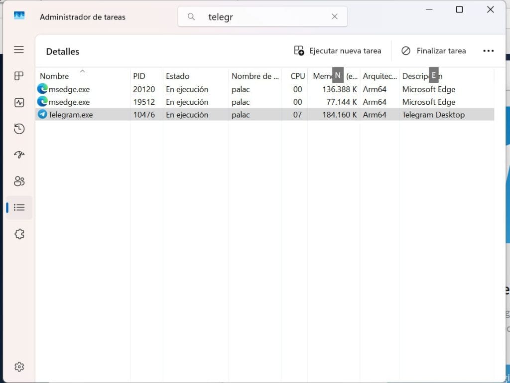El Explorador de Windows mostrando Telegram en ARM