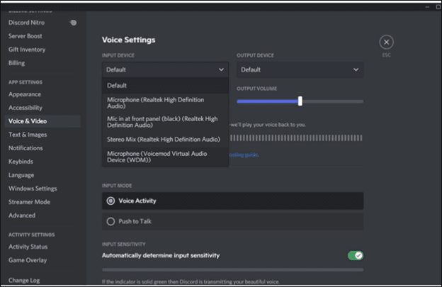 Eligiendo las opciones de micrófono de Voicemod