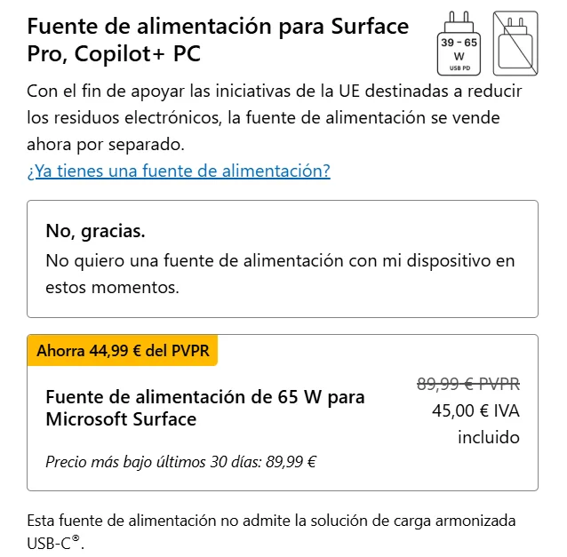 Image showing the configuration screen for a Surface Pro 11, where you have to pay an additional €45 to get the charger.