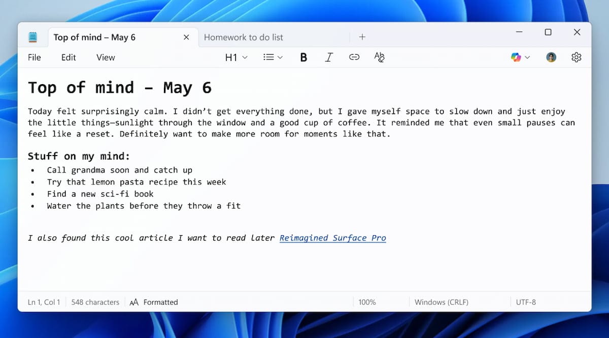 Imagen del nuevo Bloc de notas de Windows