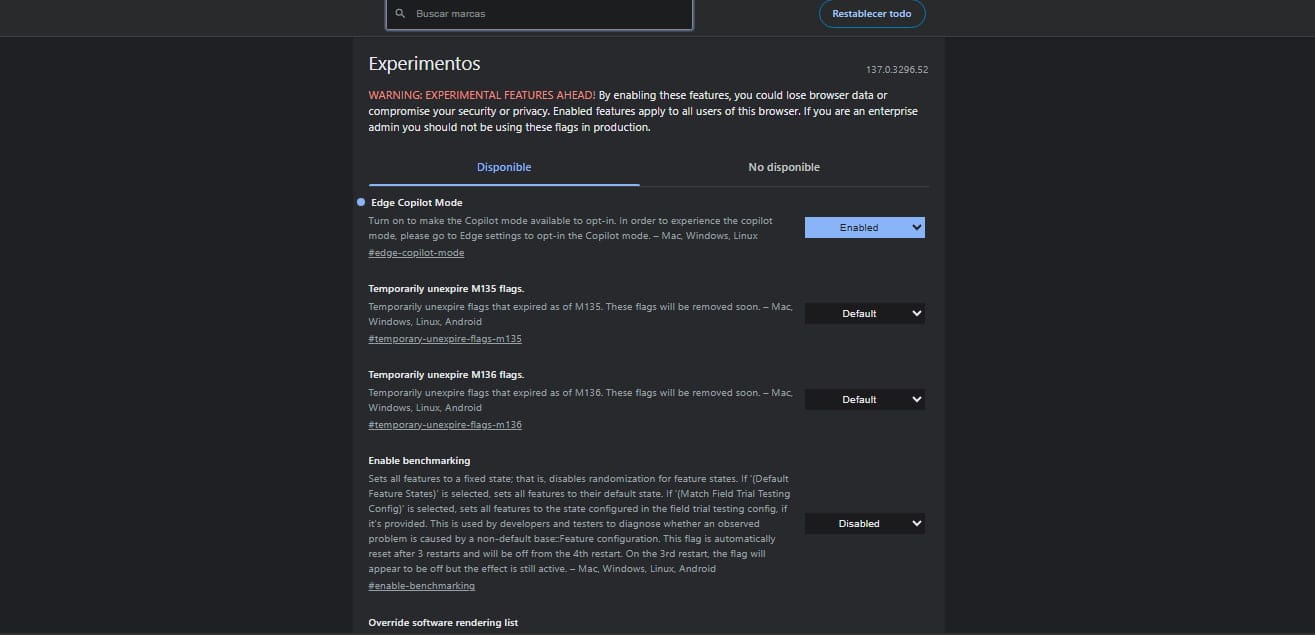 Imagen de las opciones experimentales de Edge