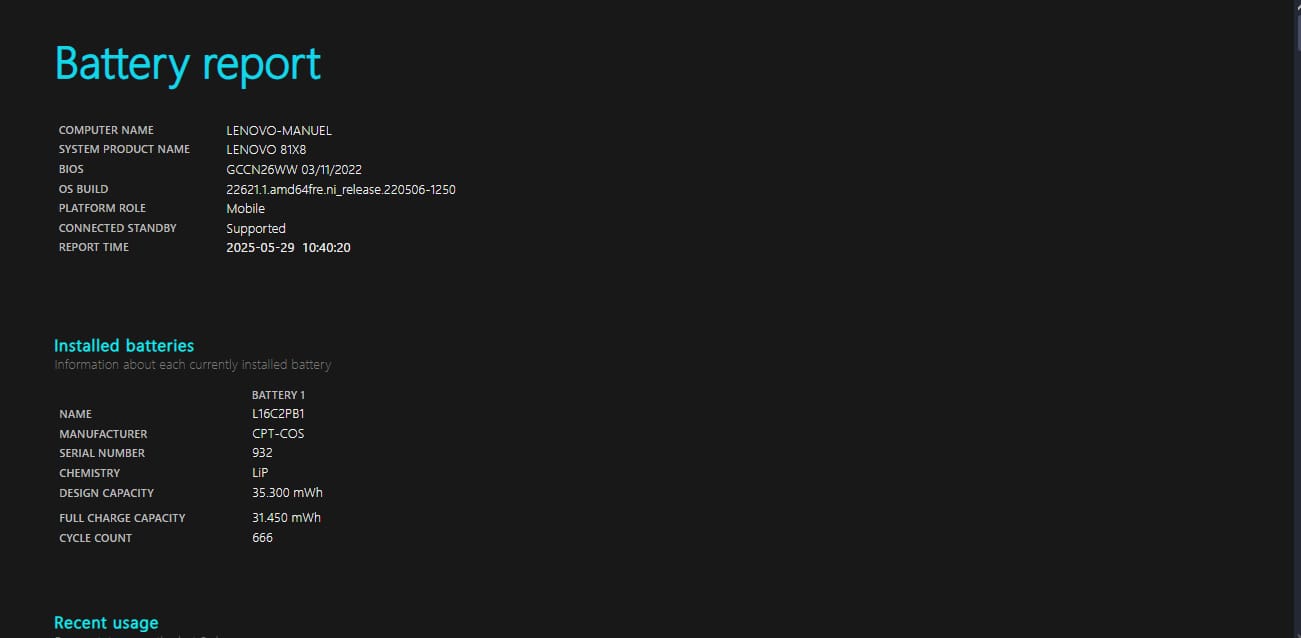 Imagen del reporte de batería en Windows