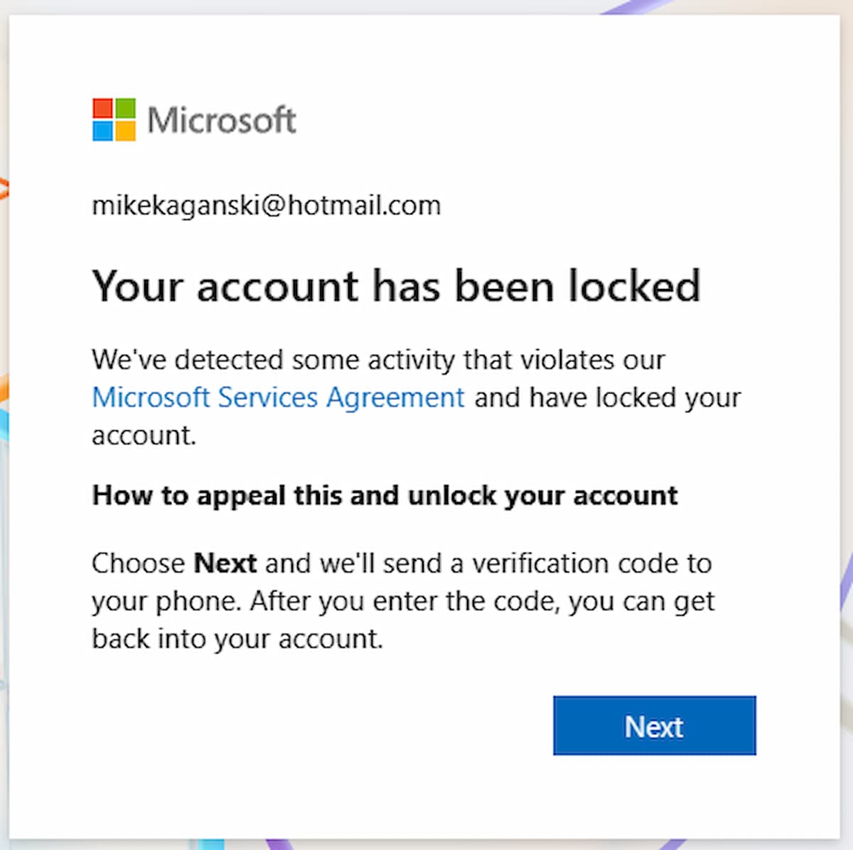 Imagen del mensaje de cuenta bloqueada que recibió Kaganski