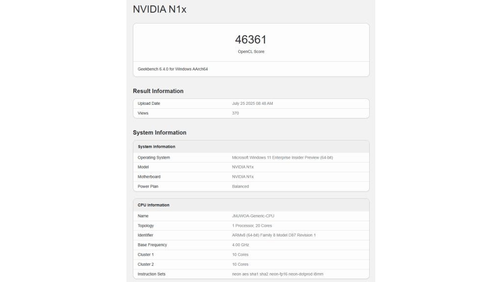El nuevo chip Nvidia N1x en Geekbench