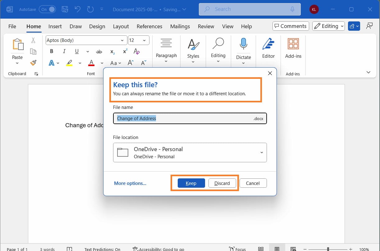 Imagen del cambio más reciente de Word
