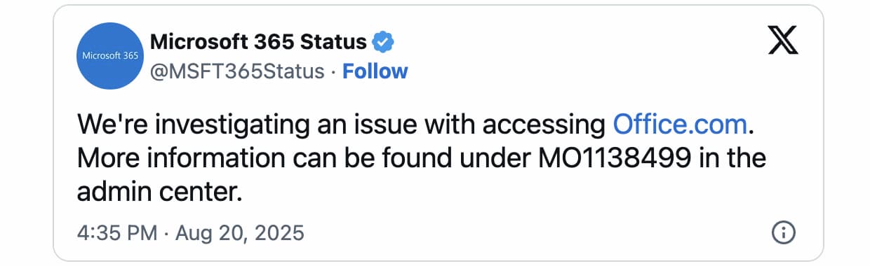 Imagen de un post en X de la cuenta Microsoft 365 Status