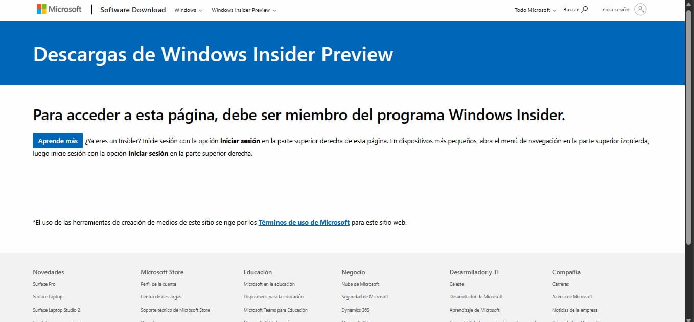 Imagen de la web de descargas de Windows Insider Preview